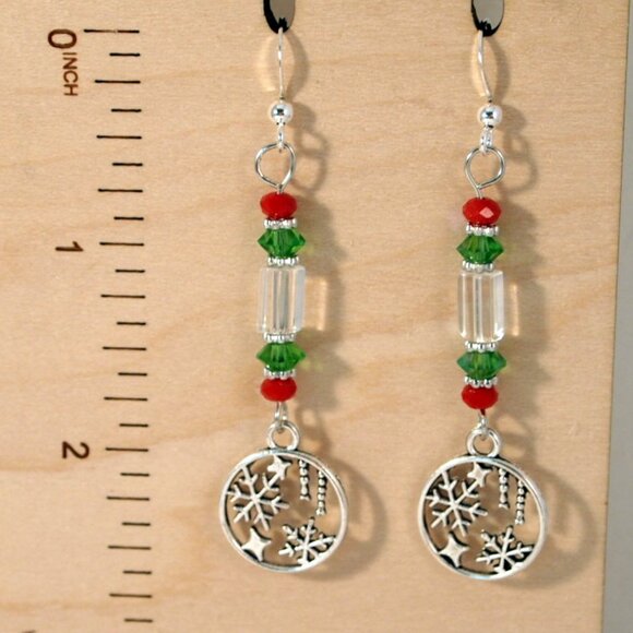 Snowflake Earrings Christmas Dangle Pierced or Clip-on Earrings Silver Earrings - Picture 5 of 7